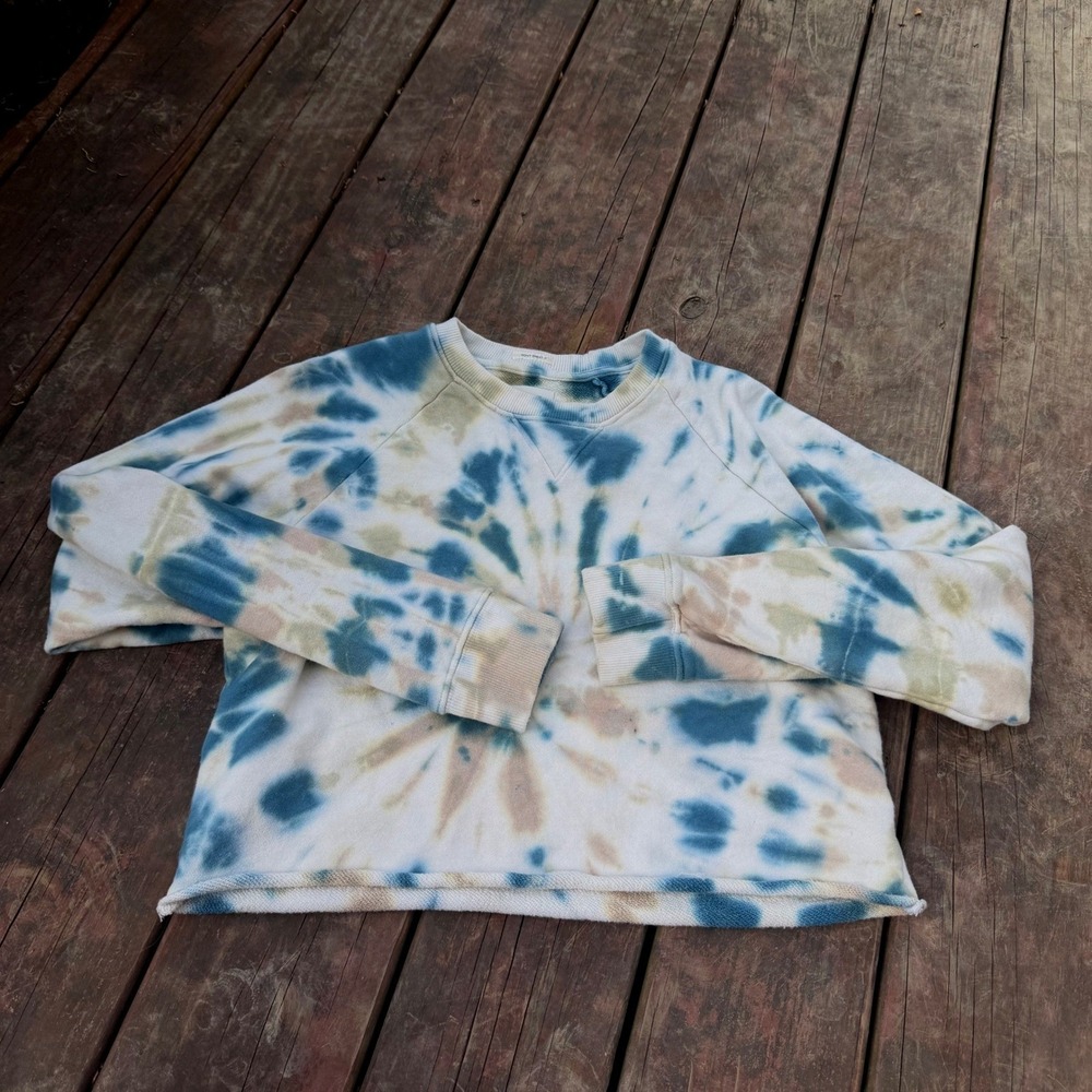 MOTHER Don't Sweat It Tie Dye Cropped Sweatshirt Blue Tan White Pullover S
